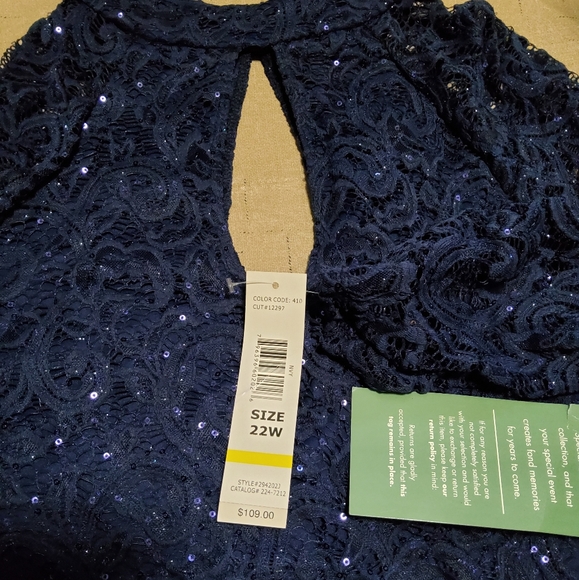 Blue Sage Stretch Navy Blue Embroidered Lace Sequins Keyhole Neckline Size 22W - Picture 8 of 10